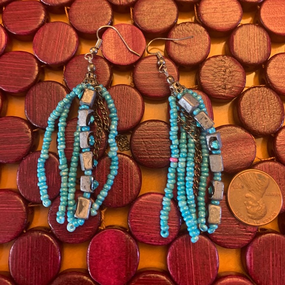 Hand painted blue beaded multi strand earrings. - Picture 1 of 4